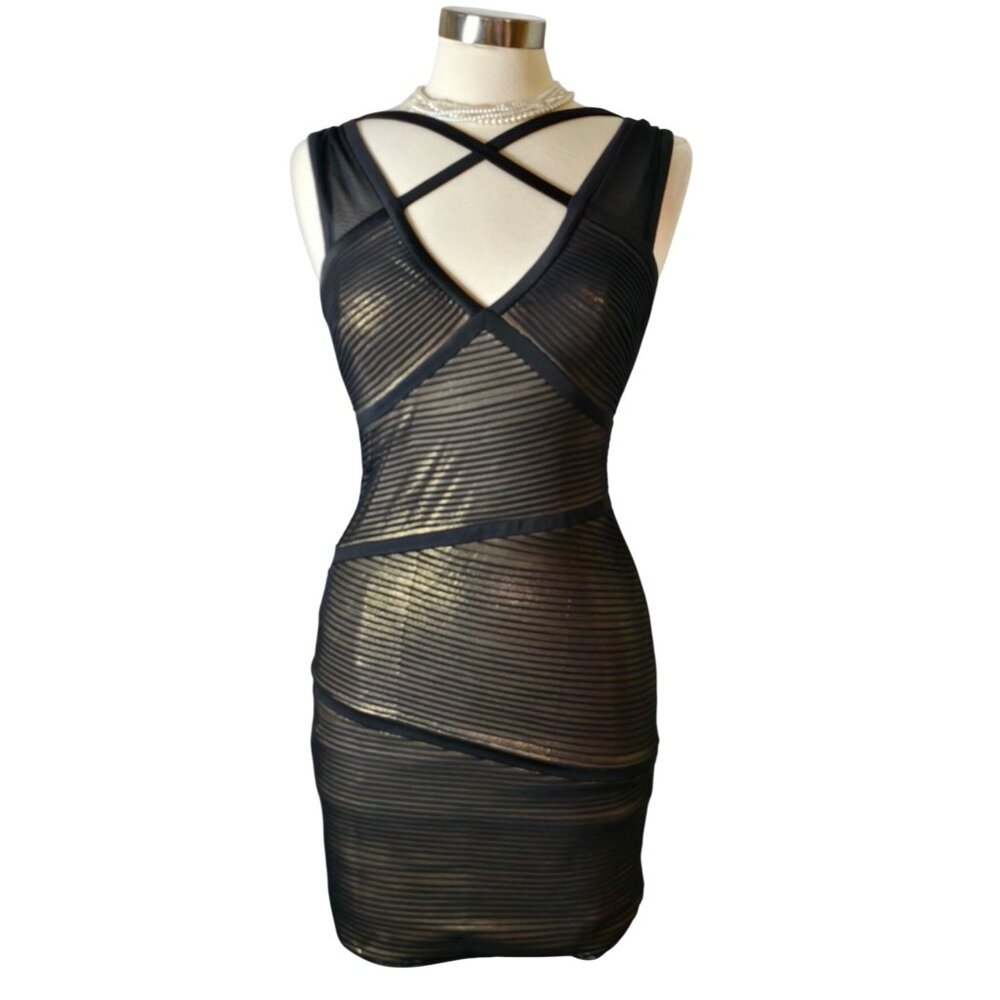 BCBG Max Azria Black Dress 8 Bodycon Cocktail Crisscross Evening Party Chic Goth